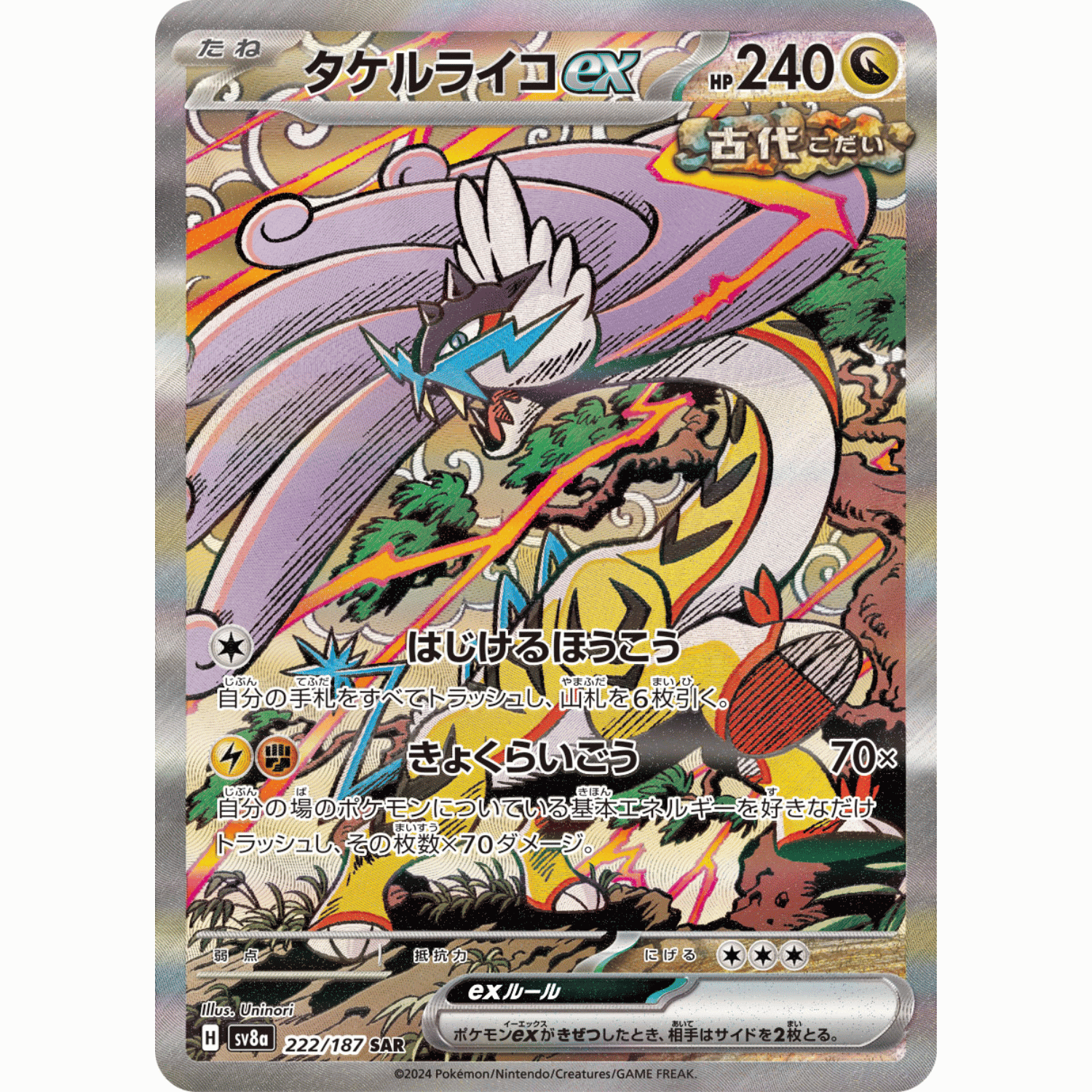 Japanese Pokémon TCG Raging Bolt ex Special Art Rare (SAR) card numbered 222/187 from the SV8a Terastal Festival set available in India, displayed cleanly against a neutral background.